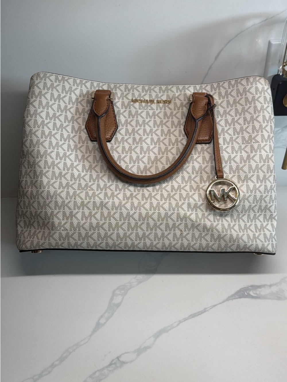 Michael Kors Cream and Brown MK Signature Satchel